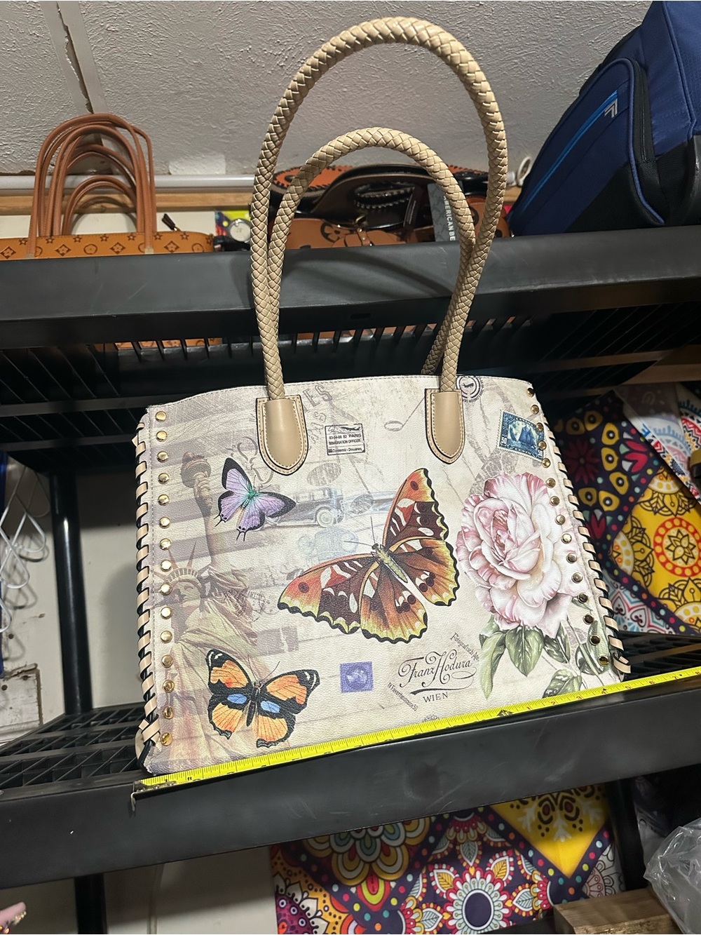 Cream Floral & Butterfly Tote Bag with Braided Handles & Matching Wallet